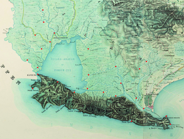 Figure 5. Section of the Topographische Kaart van de Residentie Banjoemaas, based on surveys carried out between 1857 and 1860. Original scale: 1:100,000. Retrieved from the Netherlands Royal Tropical Institute (KIT). The red points represent the ground control points used for georectification.