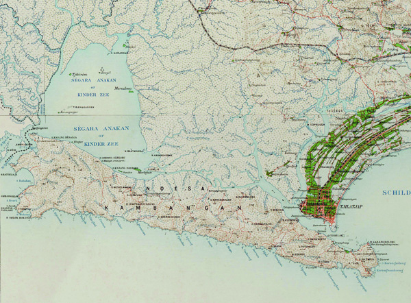 Figure 6. Topographic map of Java, Residency Banjoemas, produced by the Topographical Service in the Netherlands East Indies (TDNI), based on surveys carried out between 1897 and 1901. Compilation of sections of map sheets III, IV, VII, and VIII. Original scale: 1:100,000. Retrieved from KIT.