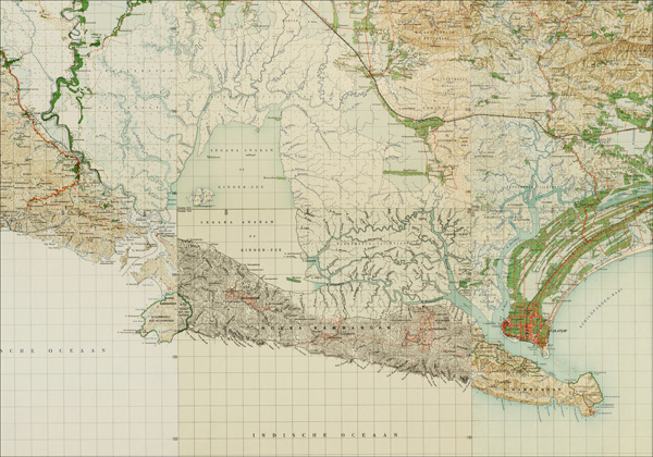 Figure 7. Topographic map of Java, Middle and West Java, produced by TDNI, mainly based on surveys carried out between 1924 and 1926. Compilation of sections of map sheets 42/XLI D, 43/XLI C, 43/XLI D, 42/XLII B, 43/XLII A, 43/XLI D. Original scale: 1:50,000. Retrieved from KIT.