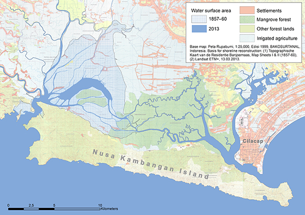 Figure 9. Change in the water surface area of the Segara Anakan lagoon between 1857/60 and 2013. Most of the silted-up area is presently covered by (partly degraded) mangroves and shrubs, (partly abandoned) aquaculture ponds, agricultural fields, and settlements (c.f. Ardli and Wolff [2009]).