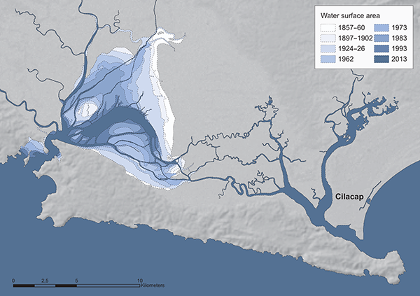Figure 10. The reconstructed historical lagoon shorelines illustrate the siltation process between 1857/60 and 2013. Base map: SRTM (Shuttle Radar Topography Mission), available from the USGS. Reconstructed shorelines based on maps and satellite images listed in Tables 1 and 2.