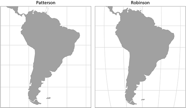 Figure 2. Excerpts of world maps with the same width centered on 0 north, 60 west. The proportions of South America on the Patterson projection are similar to that of the Robinson, a pseudocylindrical projection.