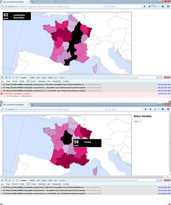 Figures 8a (above) and 8b (below). Implementing highlighting and tooltips in the choropleth map.