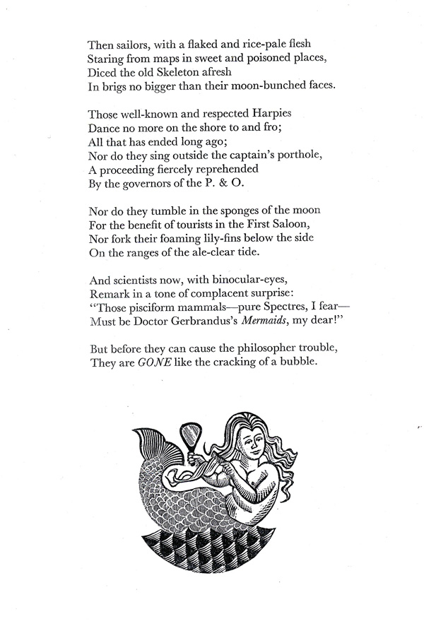 Figure 1. Mike Hudson’s wood-engraving of “Mermaids” in The Sea Poems of Kenneth Slessor, edited by Dennis Haskell (Slessor et al., Canberra: Officina Brindabella, 1990, 21). With her long locks, comb, and mirror (symbol of beauty and vanity), Hudson’s mermaid retains her medieval and early modern features. Reproduced from The Sea Poems of Kenneth Slessor.