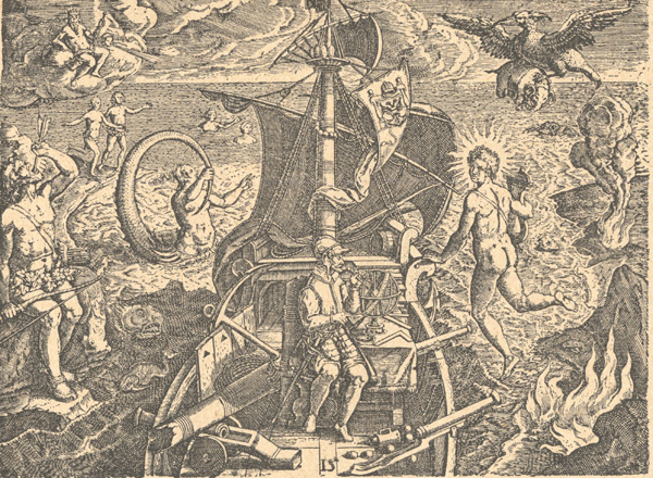 Figure 3. “Inventio Maris Magallanici” (Discovery of the Sea of Magallanica), plate 15 in America, part 4 of Theodor de Bry’s Les Grands Voyages (Bry and Benzoni 1594). If neither title or caption, nor the text of chapter 15 (pp. 66–67) refers to the mythical characters in this copper-engraving, that’s because De Bry took the image, drawn by Jean Stradan and engraved by Jean Galle, from a 1522 work celebrating the return of Magellan’s flagship Victoria after the first circumnavigation of the globe (Bucher 1981, 25–26). Like this famous illustration, Slessor’s poem features mermaids, sea-monsters, exotic savages, and a nonchalant “mariner” aboard his “brig.” There is also a “flying” spirit (a Jinn rather than Apollo) as well as “flames” (for the Firedrake rather than Tierra del Fuego), peculiar natives, and a predatory bird-like creature (a Harpy, rather than a Roc, who isn’t carrying off an elephant—an animal found in “Antient Africa” rather than in Patagonia). While no direct evidence exists of Slessor’s having seen this triumphal image in Balydon’s library or elsewhere, the Captain’s Remarks on Navigators of the Pacific, from Magellan to Cook came out the same year as Cuckooz Contrey (Bayldon 1932). Reproduced from Philip Alexander’s The Earliest Voyages Round the World, 1519–1617 (1916, 25).