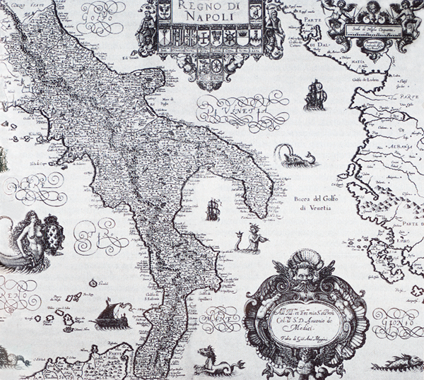 Figure 4. Giovanni Antonio Magini’s Regno di Napoli, pl. 48 in his atlas Italia, engraved by Benjamin Wright and published posthumously by Magini’s son Fabio (Bologna, 1620: 38 × 44 cm, 15 × 17 ¼ inches). Of the maps in Magini’s atlas that feature mermaids, this is the most ornate, displaying not only a mermaid and a piping merman in the sea, but also ships, sea-monsters, and a cupid merman on the cartouche. Regno di Napoli is not among the Magini maps listed separately for six shillings in Old Maps of the World (Francis Edwards 1929, 89, entry 301). Reproduced from Enciclopedia Bompiani, vol. 6 (Storia), Gruppo Editoriale Fabbri, Bompiani, Sonzogno, etas; Milan 1988. Posted on Wikimedia Commons and accessed March 26, 2015: commons.wikimedia.org/wiki/File:Kingdom_of_Naples.png.