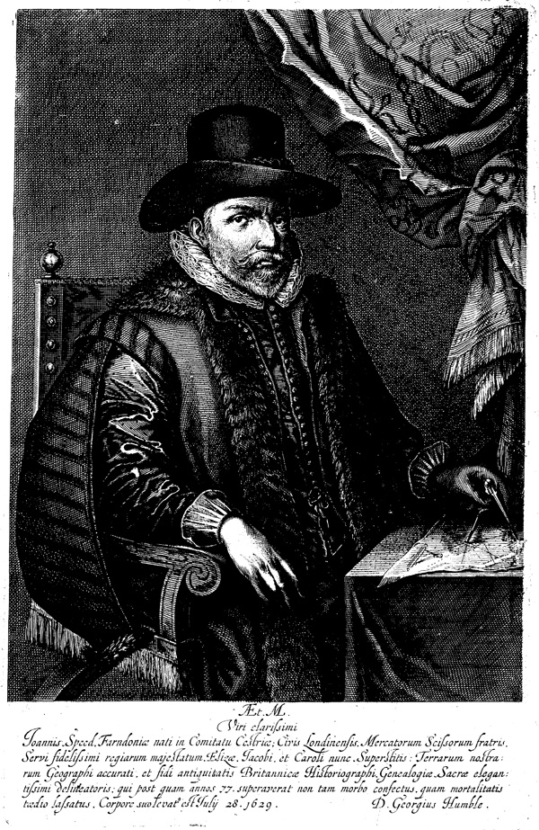 Figure 5. Portrait of John Speed, copperplate engraving by Solomon Savery (ca. 1631–1632: 30.6 × 19.6 cm, 12 in. × 7 3/4 in.). This portrait, published by George Humble soon after Speed’s death in 1629 at the age of seventy-seven, was the frontispiece for the 1631–1632 edition of A Prospect of the Most Famous Parts of the World … Together with All the Prouinces, Counties, and Shires, Contained in That Large Theator of Great Brittaines Empire (Speed, Goos, and Gryp, 1631[–1632]). Image from Early English Books Online: Text Creation Partnership (EEBO-TCP) and accessed at the NYPL-Research Library, July 9, 2014.