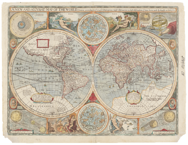 Figure 6. John Speed, A New and Accurat Map of the World Drawne according to ye truest Descriptions latest Discoveries & best Observations yt have beene made by English or Strangers (1651/1676). This hand-colored engraving measures 15 × 20 ½ inches (38 × 51 cm), according to Old Maps of the World (Francis Edwards 1929, 111); and appears on a sheet 17 × 22 inches (43 × 56 cm), with each hemisphere 9 ¾ inches (25 cm) in diameter. Accompanying text entitled “The General Description of the World” appears on the verso. That the map was published for the 1676 folio edition of The Theatre … with the Prospect is apparent from the imprint “Are to be sold by Tho: Basset in Fleet Street and Ric: Chiswell in St. Pauls Churchyard” (at the feet of the map’s allegorical figure “Aire”: bottom, right of middle). This beautiful baroque map, perhaps originally engraved by Abraham Goos (Skelton 1966, vii), attempts to be up-to-date and scientific even as it symbolizes the transition between pre-modern and early-modern views, and between mythical and scientific conceptions of space. Courtesy of the State Library of New South Wales (SAFE/M2 100/1651/1), Sydney, Australia.