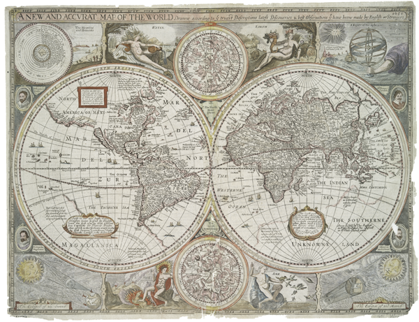 Figure 8. John Speed, A New and Accurat Map of the World Drawne according to ye truest Descriptions latest Discoveries & best Observations yt have beene made by English or Strangers (1651/1676). Unlike Figure 6, this hand-colored original shows only the vague outlines of Terra Australis Incognita, portrayed as Magallanica and the Southerne Unknowne Land. Courtesy of the New York Public Library (Map Division 02-321).