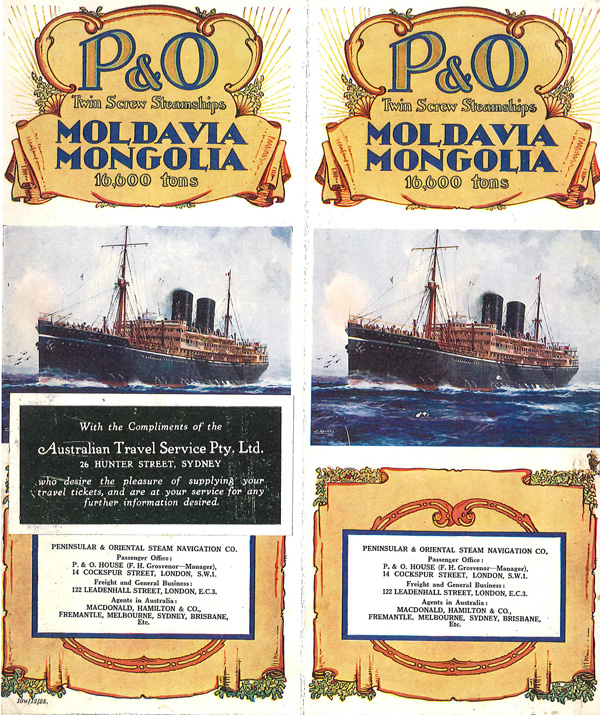 Figure 9. P&O Brochure advertising “Twin Crew Steamships Moldavia Mongolia 16,600 tons.” First of twelve pages, to which is stapled a card with the address and compliments of the Australian Travel Service Pty. Ltd. The brochure in the Babylon Nautical Collection is in an uncatalogued folder, supposedly containing items from the 1930s and 1940s. The brochure and its illustrations itself can be dated more precisely, however, for “10M/12/28” appears on the cover’s lower left. In the Australian/British dating standard, that’s December 10, 1928, the “M” probably being “Monday,” the day on which the 10th of December fell that year (Wendy Holz, email to author, August 14, 2014). What this means is that the brochure was available to Slessor while he was composing “Mermaids.” As for the vessels themselves, the Moldavia and Mongolia were constructed in 1922 and 1923, respectively, the ships after which they were named having been sunk in World War I (Swiggum and Kohli 2008). P&O Twin Screw Steamships: Moldavia Mongolia, brochure in Francis J. Bayldon papers, MLMSS 160/Box 12, Mitchell Library, State Library of New South Wales.