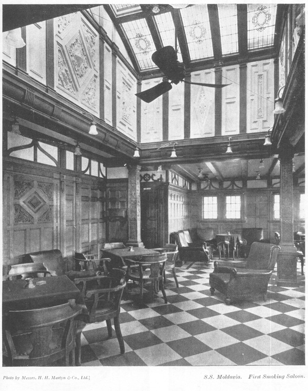 Figure 10. “S.S. Moldavia, First Smoking Saloon,” photographed by Messrs. H. H. Martyn & Co., Ltd. From a 1928 P & O brochure advertising “Twin Screw Steamships: Moldavia and Mongolia” and distributed “with the compliments of the Australian Travel Service Pty. Ltd., 26 Hunter Street, Sydney.” The ships accommodated around 230 1st class patrons (Rabson and O’Donoghue 1988, 172, 189–190), who paid “£100 Single, £175 Double” for a return ticket between Australia and London, according to The Sydney Morning Herald, December 6, 1930 (“Advertising” 1930). As the 1926 “P&O Pocket Book” boasted (Rabson and O’Donoghue 1988, 172):
“Everyone…likes to journey in luxury when luxury is possible. And all men like the company of the ‘people who matter’… so it comes that there is nothing in the life of the average man half so full of interest or so much enjoyed as the six weeks of the longest P&O voyage—the run to Australia. Such a journey is the cream of human experience.”
P&O Twin Screw Steamships: Moldavia Mongolia, brochure in Francis J. Bayldon papers, MLMSS 160/Box 12, Mitchell Library, State Library of New South Wales.