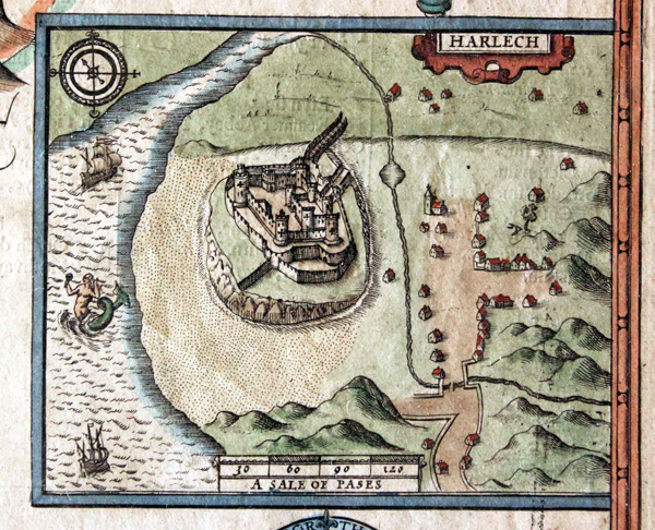 Figure 11. A mermaid combing her locks on an inset map of Harlech Castle. Detail from John Speed’s Merionethshire Described 1610 (38.5 × 51cm, 15 × 20 inches), one of the Welsh county maps that appeared in his Theatre of the Empire of Great Britain from its earliest publication. This image comes from the rare 1616 Latin edition (Speed, Holland, and Camden, 1616); the 1676 edition of The Theatre … with the Prospect displays the map between pages 117 and 118 (Speed 1676a, Speed and Baynton-Williams [1676] 1991). Engraved by Jodocus Hondius Senior, who resided in England from 1583–1593, the full Merionethshire map also features compass roses as well as ships and sea monsters in the Irish Sea. Courtesy of Richard Nicholson, antiquemaps.com.