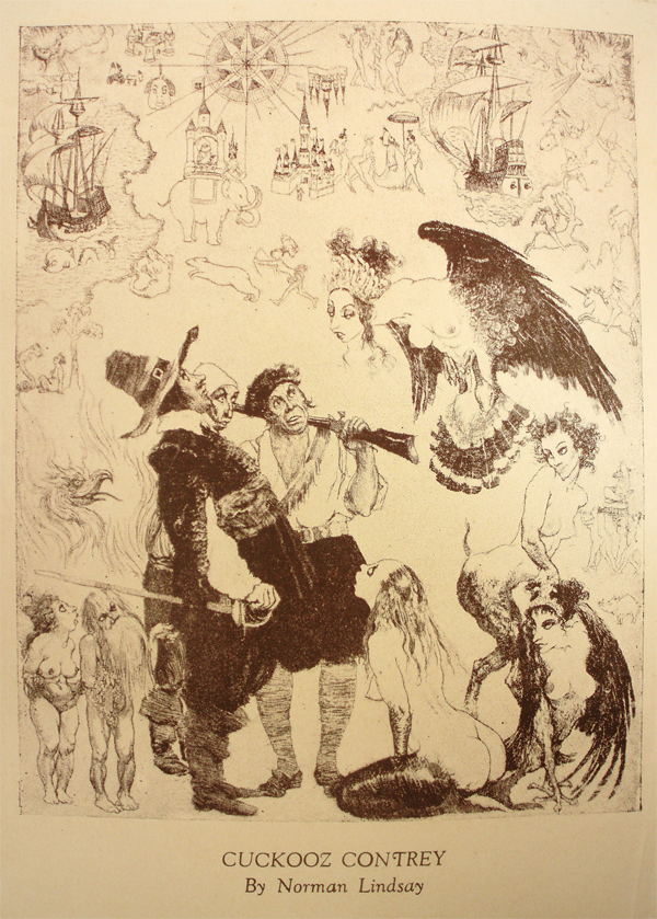 Figure 14. Norman Lindsay’s frontispiece and the sole illustration in Kenneth Slessor’s Cuckooz Contrey (Sydney: Frank C. Johnson, 1932). Lindsay’s “Cuckooz Contrey” is a reproduction of his etching Strange Lands (1932: 25.5 × 20.3 cm, 10 × 8 inches). Details demonstrate that Lindsay focused primarily on Slessor’s opening sequence, The Atlas, and on “Mermaids” in particular. © Lin Bloomfield, Odana Editions, Bungendore, NSW, Australia.