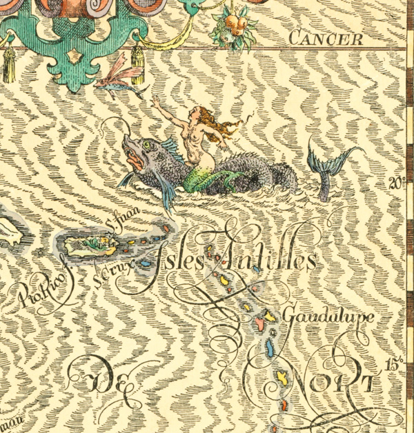 Figure 15. Mermaid astride a sea-monster and reaching for a flying fish. Above her hangs the title cartouche; below her lie The Antilles. Detail from the upper register of James Emery’s Carte de l’Archipelague du Mexique (Sydney: Sunnybrook Press, 1932), a map celebrating the publication of Slessor’s Cuckooz Contrey. The map is housed in the Mitchell Library Map Collection (MT3 701.2/1692/1) in the State Library of New South Wales.