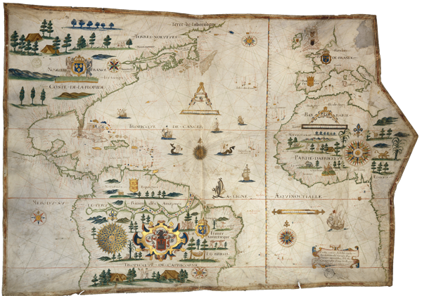 Figure 13. Pierre de Vaulx, [Carte de l'Océan Atlantique] Ceste carte A Este faiste Au havre de Grace Par Pierre Devaulx, Pilote Geographe Pour le Roy, l'an 1613. Royal pilot and geographer, Pierre de Vaulx created this exquisite portolan chart of French claims in the Americas for “an important client” (Portinaro and Knirsch 1987, 144). Although Pierre’s map is not among the manuscripts advertised in the Francis Edwards catalogue, its iconography matches Slessor’s poem far better than A New and Accurat Map of the World does. On parchment made of calf’s skin (vellum), it is a “portulano map” featuring mermaids and several varieties of “compass-roses,” including four whose dyes are “green and gold,” and one (top center) “wagg[ing its] petals over parchment skies.” (The fleur-de-lis incorporated into compass roses may have inspired Slessor’s description of mermaids’ “foaming lily-fins.”) The map also displays Africa and “Anthropophagi,” though the single individual above “Les caniballes” (in Brazil) looks as benign as the other naked natives. The chart measures 68.5 × 96 cm (27 × 38 inches) and resides in the Bibliothèque Nationale, Paris (Cartes et Plans, S.H. Archives N° 6; and see gallica.bnf.fr/ark:/12148/btv1b8001881m, accessed March 28, 2015).