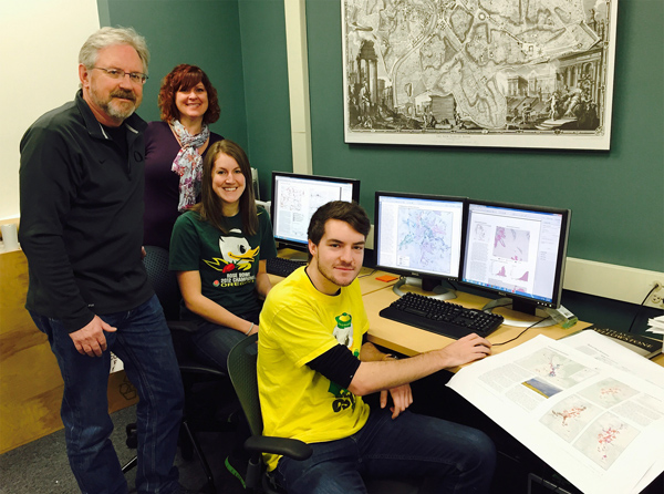 Figure 4. Jim Meacham, Alethea Steingisser, and students Lauren Tierney and Riley Champine work on the Atlas of Wildlife Migration: Wyoming’s Ungulates.