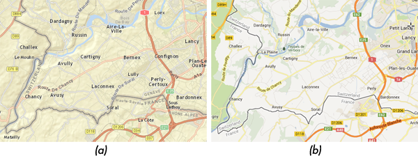 Figure 3. Examples of different labeling of administrative boundaries. (a) Non-pairwise line labeling of boundaries with mixed hierarchies (© Esri). (b) Pairwise line labeling, closed source and unknown parameterization (© 2014 Google).