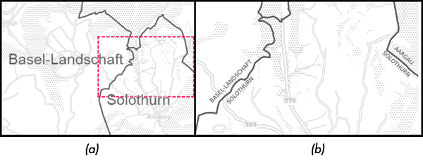 Figure 4. Labeling of administrative regions in Switzerland: (a) Placement of the names inside the areas. The dashed rectangle corresponds to map (b). (b) Positioning of the names along the boundary line.