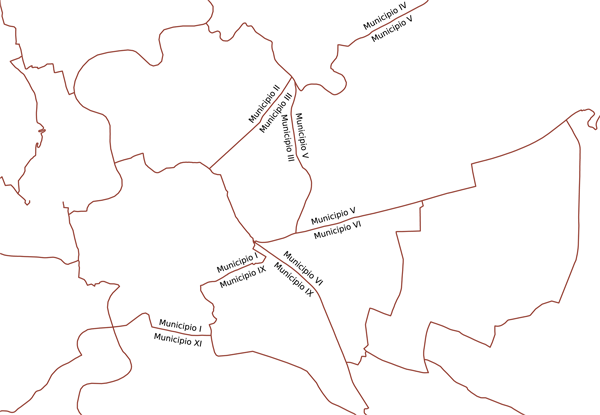 Figure 13. Labeling of municipal boundaries in Rome (7 labels). The input parameters are S = 400, Dmax = 1, Bmin = 2, Bmax = 4, QT = 0.75. Data source: © OpenStreetMap contributors (2013, data licensed under ODbL).