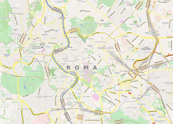 Figure 15. A sample map containing administrative boundary labels together with other feature types such as roads, railways, districts, parks, etc. Data © 2013 OpenStreetMap contributors (data licensed under ODbL).