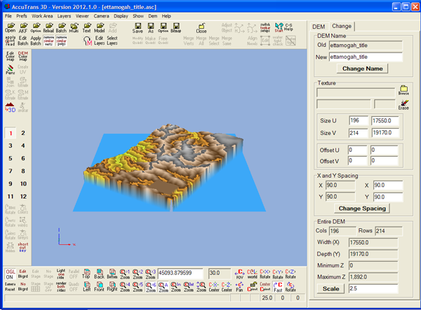 Figure 4. The Change tab at upper right lets you change the vertical exaggeration, at bottom right.