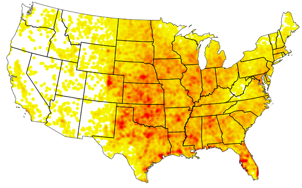 Figure 1. A heat map of tornado locations from 1950 to the present.