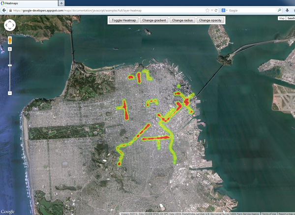 Figure 5. The Google Maps API Heat Map from the Google Developers Page.