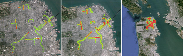 Figure 6. Google heat maps of San Francisco taxi pick-up locations at three different zoom levels.