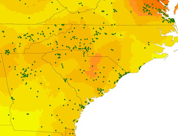 Figure 8. Golf courses in South Carolina and nearby states. The darker area in the middle is a result of a combination of a high number of golf courses along the coast and inland.