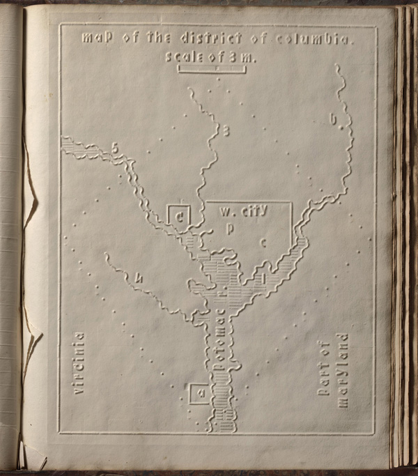 This map of the District of Columbia shows Washington (w. city), Georgetown (g), and Alexandria (a) as well as the President’s house (p) and the Capital (c).