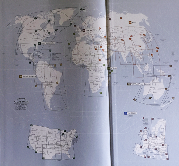 Figure 1. Inside back cover showing the “Key to the Atlas Maps,” which reveals the shape and extent of the maps found within—a map of the Atlas itself. Photo by C. Bush 2015, Creative Commons Attribution-ShareAlike 4.0 International License.