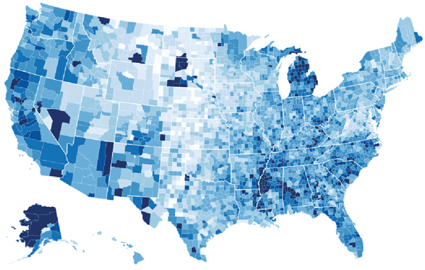 Figure 2. Mike Bostock’s choropleth map of US unemployment rates for 2008 demonstrates the binding of data to graphic elements using D3.