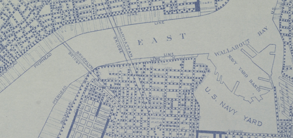 Figure 6. Excerpt from New York City “Use District Map” (1916). Solid, dashed, and blank street symbols represent business, “unrestricted,” and residential uses, respectively.