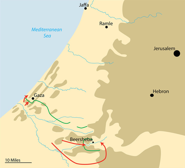 Figure 1. In the first phase of the 3rd Battle of Gaza, the British forces launched successive attacks (in red) against both flanks of the Turkish line (in green), first at Beersheba, then at Gaza.
