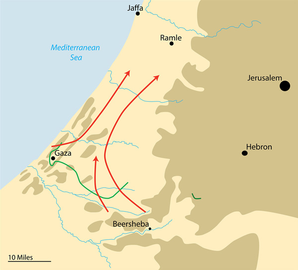 Figure 2. In the second phase, the British pursued the retreating Turkish army northward until the front stabilized on a new line running generally from Jaffa to Jerusalem.
