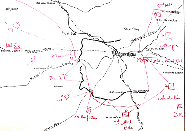 Figure 4. An excerpt from a draft operation map drawn during the opening day of the Gaza offensive. Note the obviously hand-drawn symbols and that the map only shows British units, omitting Turkish positions. (TNA WO 153/1035/2).