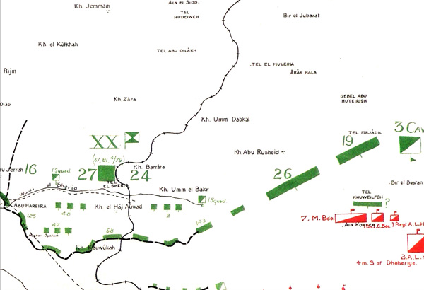 Figure 5. Facsimile excerpt from the 2 November operation map that shows a strong Turkish reinforcement of their eastern flank to counter the British attack there. Note in particular the 19th and 26th Divisions to the right represented by large rectangles presumably denoting strong formations. The horizontal dimension of this figure is approximately 25 kilometers (TNA WO 153/1035/2).