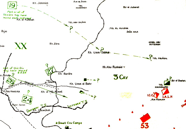 Figure 6. Facsimile excerpt from the 3 November operation map that shows the same area as Figure 5. Note that the symbols representing Turkish reserve formations have been removed back to their original locations behind the line (left side of the figure) and are now marked by hollow box attenuation symbols. The horizontal dimension of this figure is approximately 25 kilometers (TNA WO 153/1035/2).