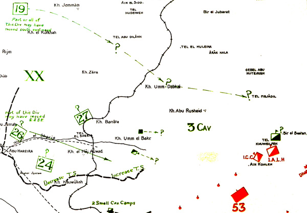 Figure 6. Facsimile excerpt from the 3 November operation map that shows the same area as Figure 5. Note that the symbols representing Turkish reserve formations have been removed back to their original locations behind the line (left side of the figure) and are now marked by hollow box attenuation symbols. The horizontal dimension of this figure is approximately 25 kilometers (TNA WO 153/1035/2).