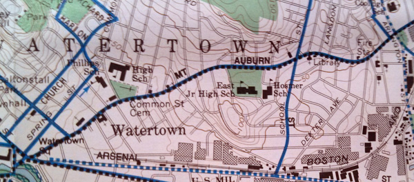 Figure 2. A map from Boston uses dense, fine contour lines to show topography. Blue lines show “bike routes” (BikeMaps Massachussetts 1994).