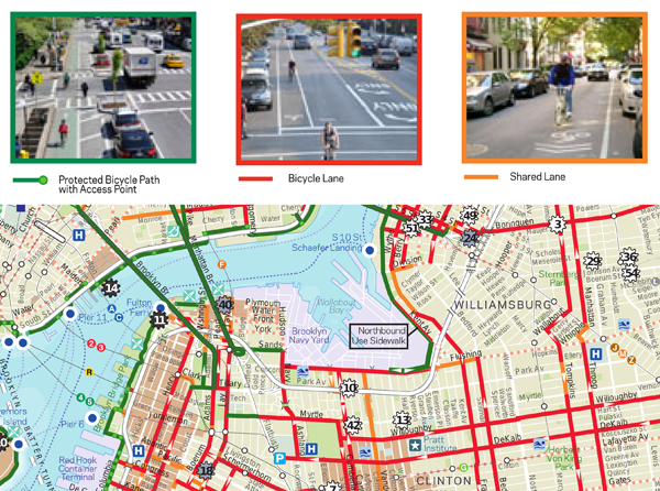 Figure 3. New York City has enough bicycle infrastructure to populate a map with objective content (City of New York 2012).