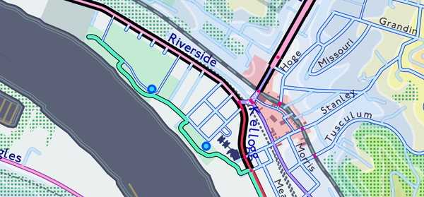 Figure 7. A bike path (green) along the river meets a street with a bike lane (dark border).