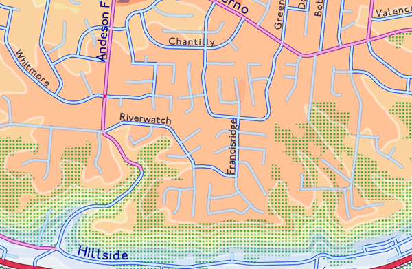 Figure 9. A suburban area showing the relative deemphasis of dead-ending street segments. The internal color of the line (showing speed) remains the same, but the contrasting border on the line is diminished, yielding a low value-contrast between the street and the elevation background.
