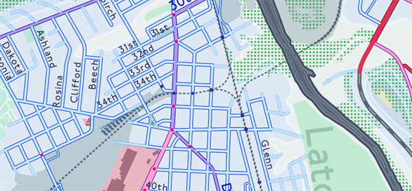 Figure 11. Section showing traffic signals (red dots) and at-grade railroad crossings (grey dots).