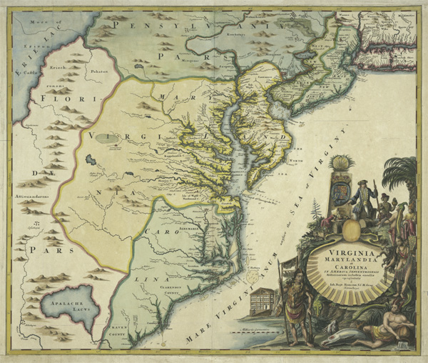 Figure 3. A map from the Slaughter Collection: Virginia, Marylandia et Carolina in America septentrionali Britannorum industria excultae / repraesentatae à Ioh. Bapt. Homann, S.C.M. Geog. 1714–1730[?].