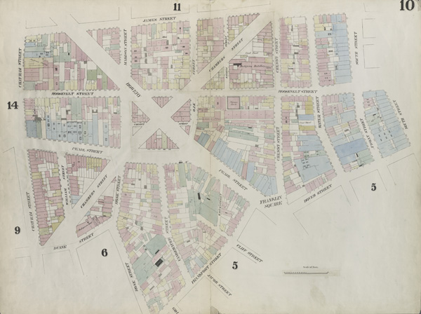 Figure 4. “Plate 10: Map bounded by Chatham Street, James Street, South Street, Dover Street, Franklin Square, Frankfort Street, Fose Street, Duane Street.” William Perris, 1857.