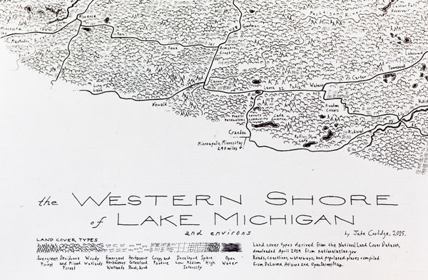 A detail image of The Western Shore of Lake Michigan, showing the map's title box and legend. Different types of terrain, such as forests and croplands, are represented by different styles of drawing. Photo by Charles P. Rader.