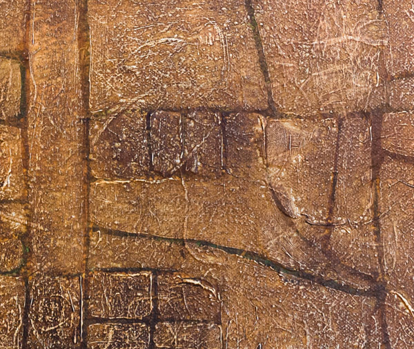 A close detail of the brown map, showing the texture of the paint and canvas, and the variations in the brown color. Photo by Charles P. Rader.