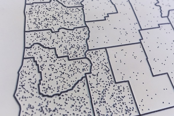 A close-in detail image of a raised-relief map. Black lines, enclosing areas with varying densities of small black dots, are shown. The black dots and lines are raised slightly above the surface of the map. Photo by Charles P. Rader.