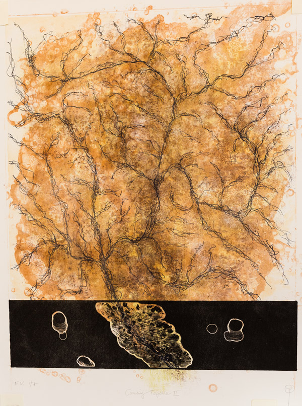 Another handmade map that depicts what appears to be a stream network. The streams are each made of multiple overlapping black lines painted on top of a brownish background that varies in color organically. The bottom sixth of the piece is mostly black, with a space for the stream network to pass through in the center-bottom. Photo by Charles P. Rader.